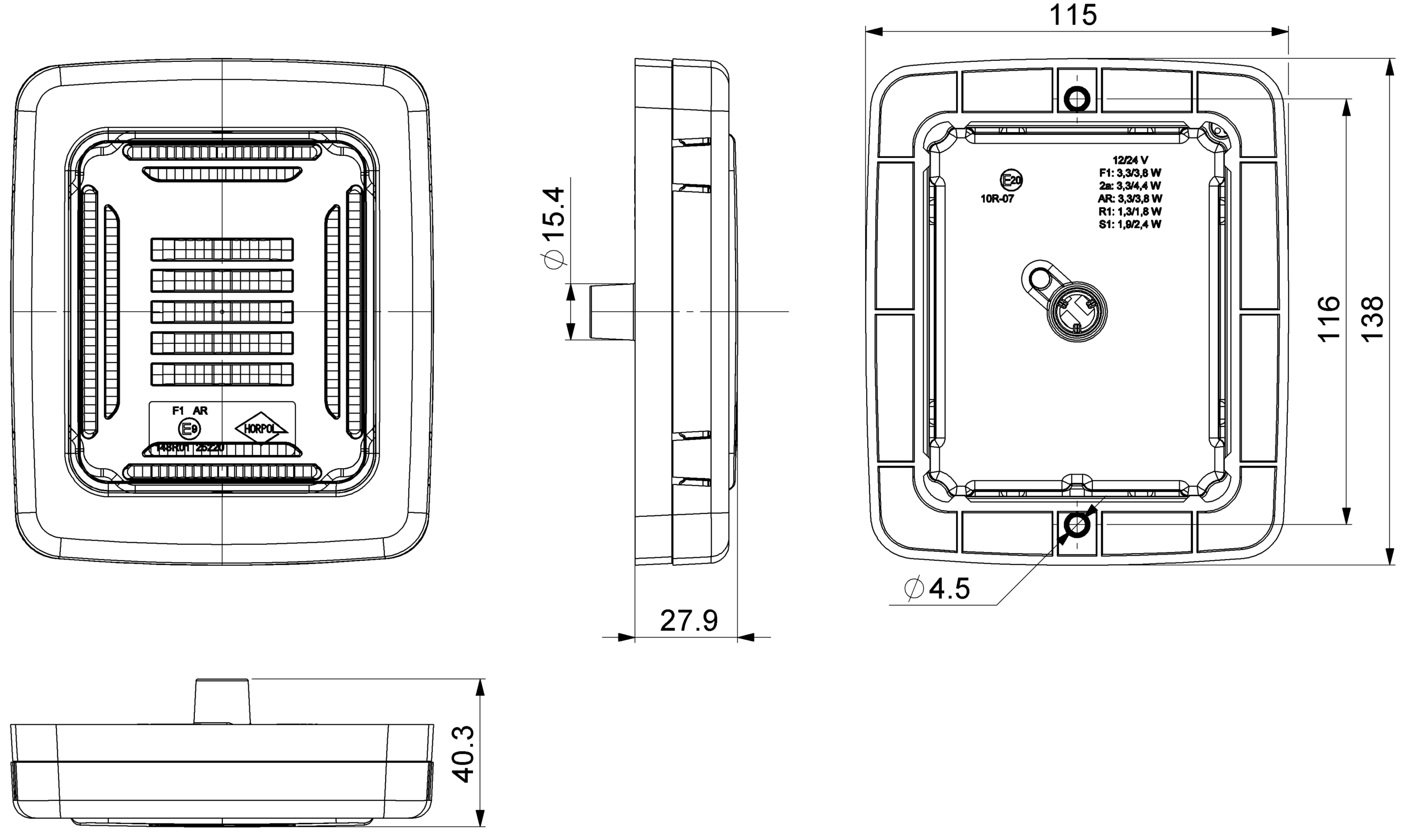 HORPOL LED Rückleuchte CUBE LZD 2876 mit schwarzem Rahmen – 12/24V Rückfahr- & Nebelschlussleuchte
