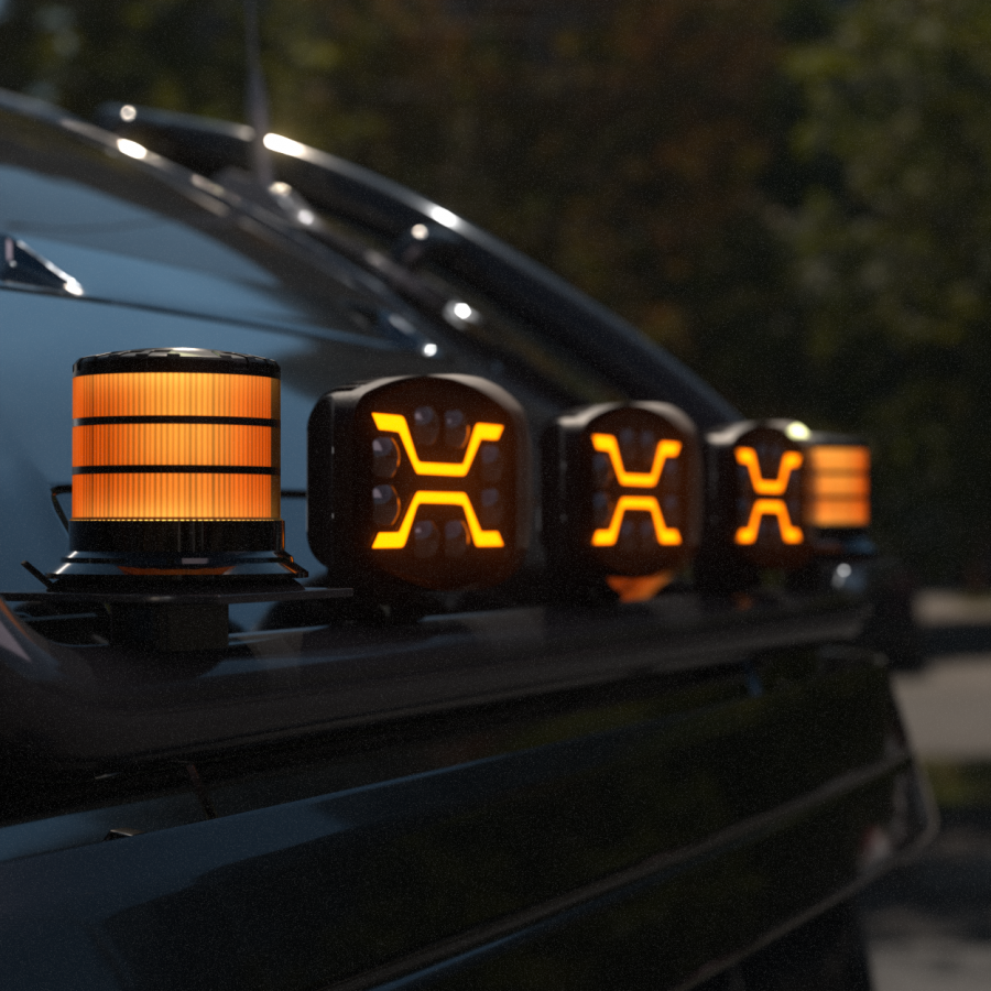 LED Scheinwerfer X‑SPIDER 12–24 V – Fahrlicht + weißes Positionslicht + orange Stroboskop (ECE R65/R148/R149)