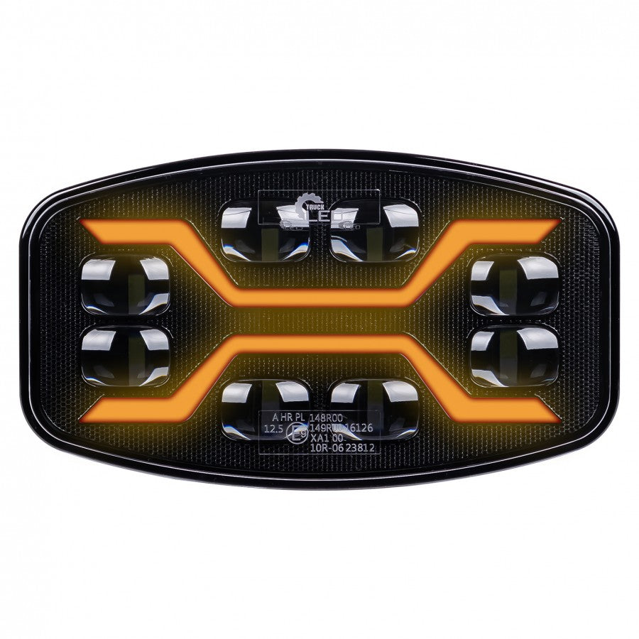 LED Scheinwerfer X‑SPIDER 12–24 V – Fahrlicht + weißes Positionslicht + orange Stroboskop (ECE R65/R148/R149)