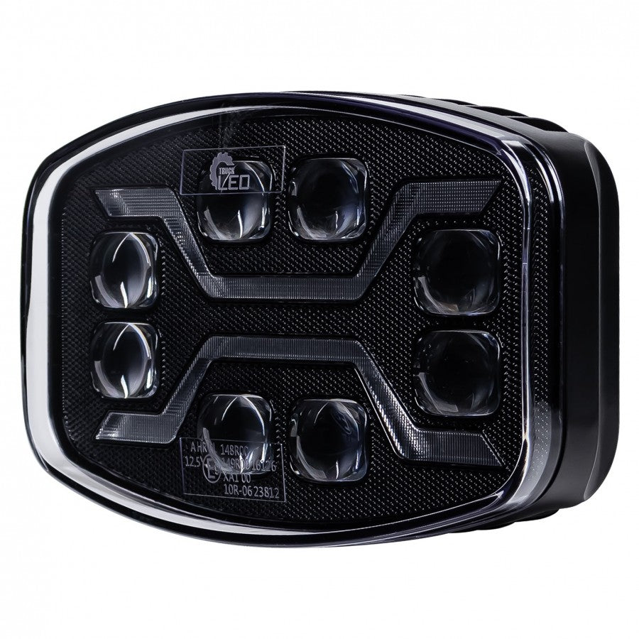 LED Scheinwerfer X‑SPIDER 12–24 V – Fahrlicht + weißes Positionslicht + orange Stroboskop (ECE R65/R148/R149)